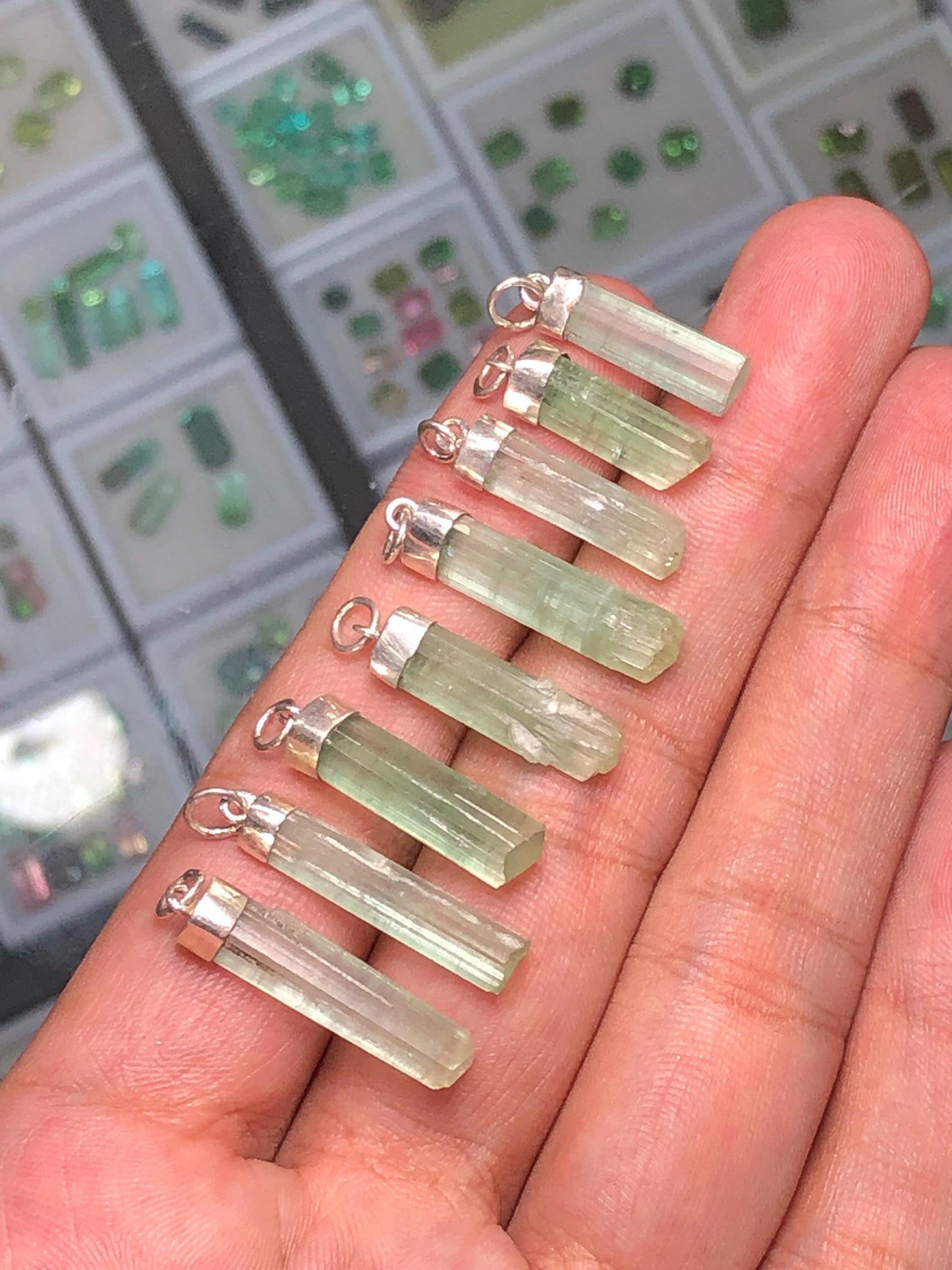 54 CTs 8 pieces mint green 925 silver tourmaline pendants