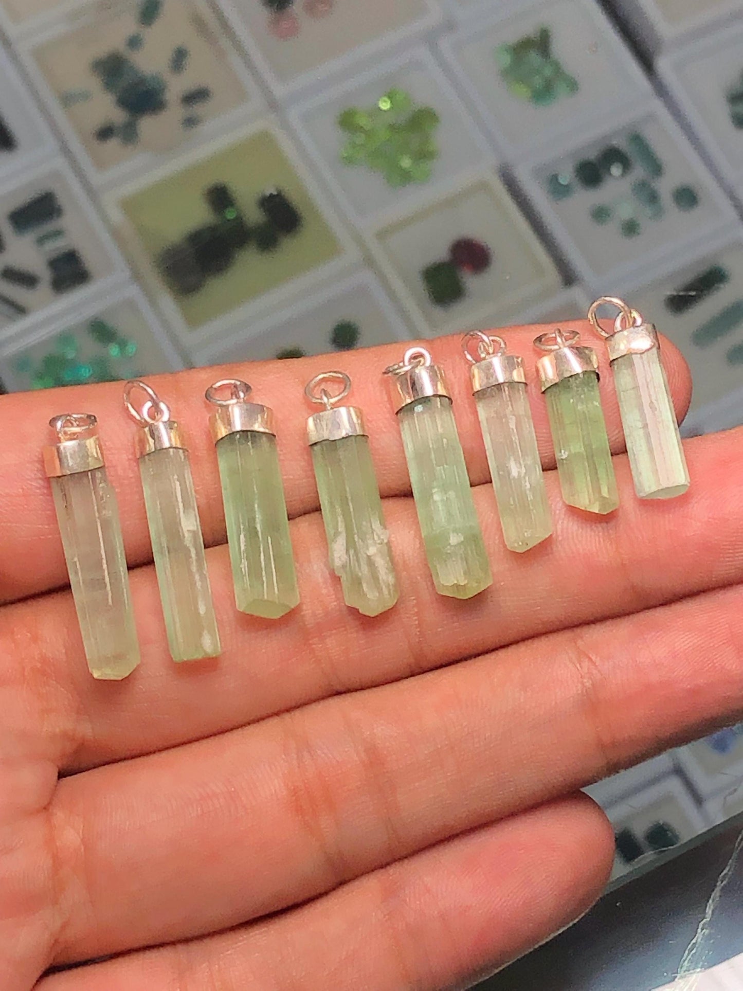 54 CTs 8 pieces mint green 925 silver tourmaline pendants