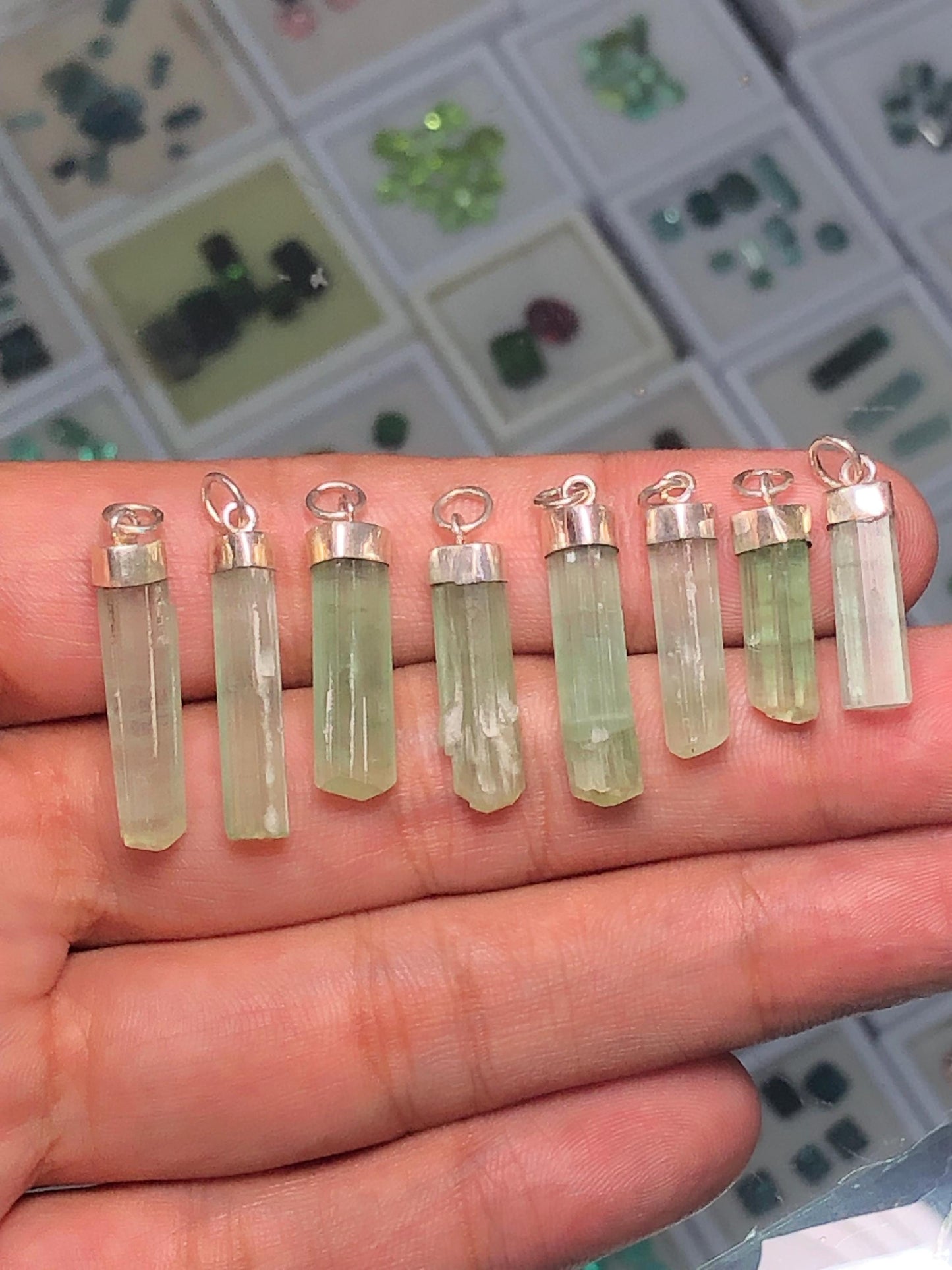 54 CTs 8 pieces mint green 925 silver tourmaline pendants