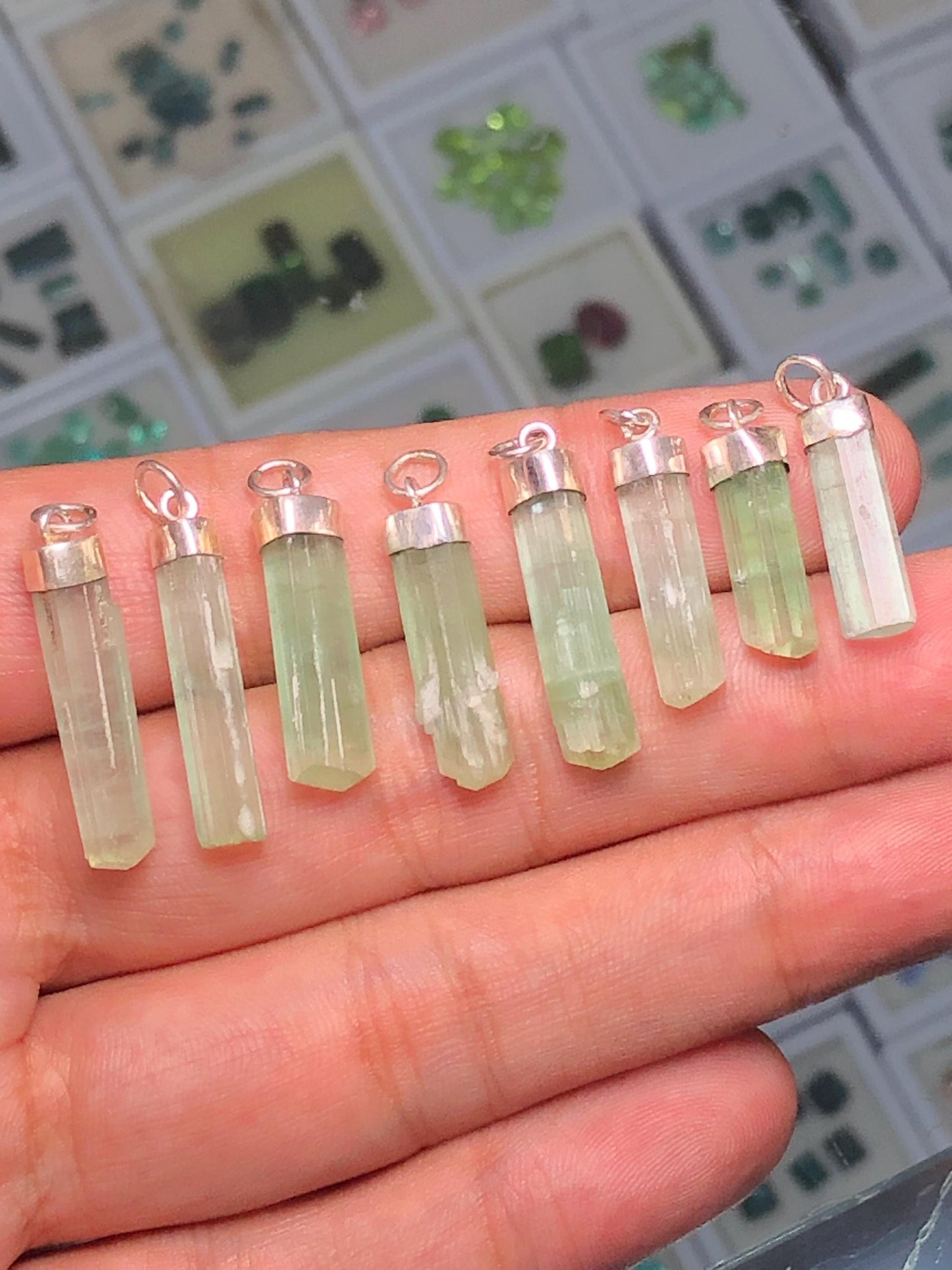 54 CTs 8 pieces mint green 925 silver tourmaline pendants