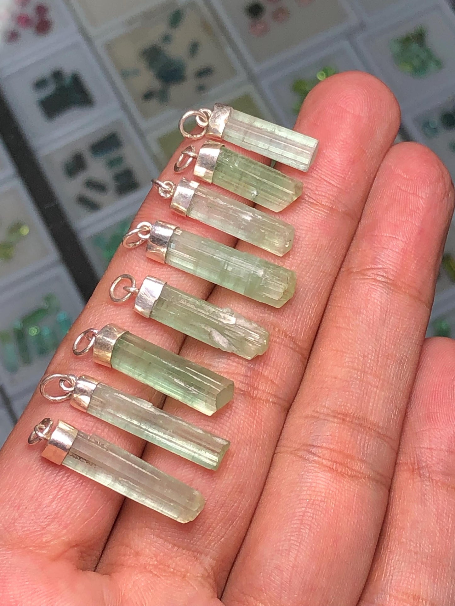 54 CTs 8 pieces mint green 925 silver tourmaline pendants