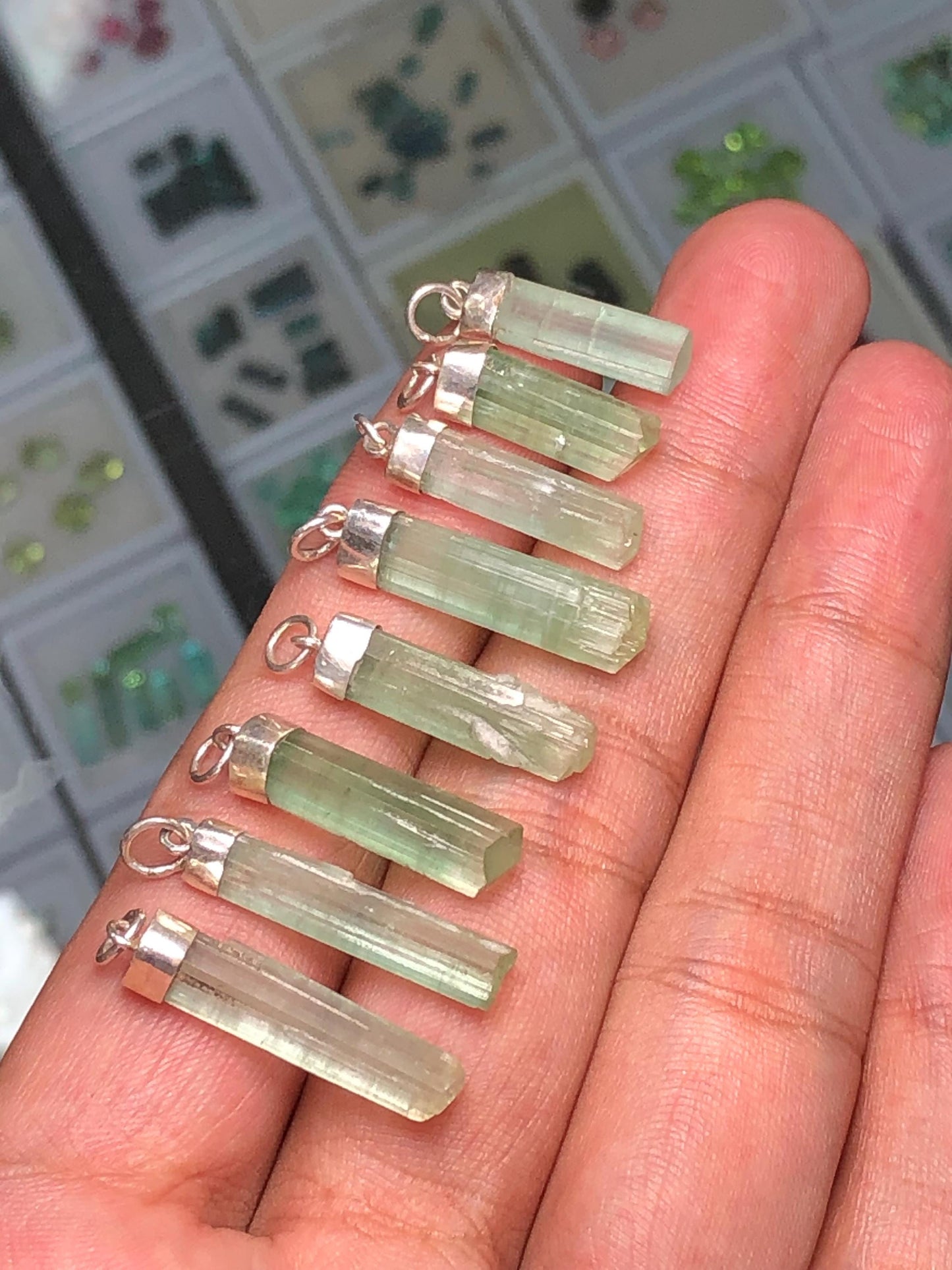 54 CTs 8 pieces mint green 925 silver tourmaline pendants