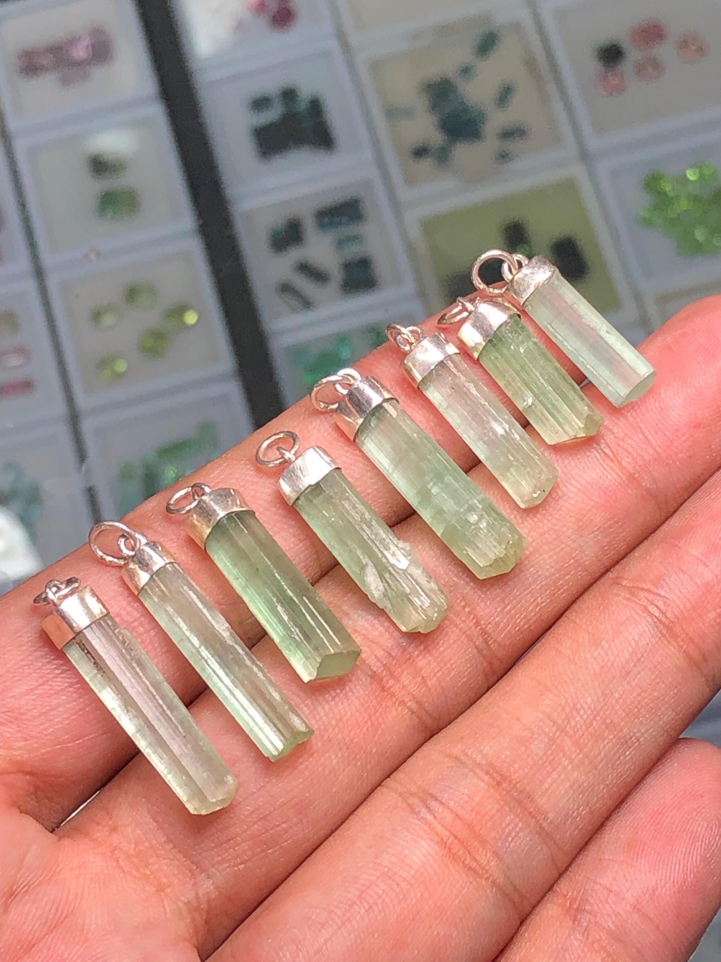 54 CTs 8 pieces mint green 925 silver tourmaline pendants