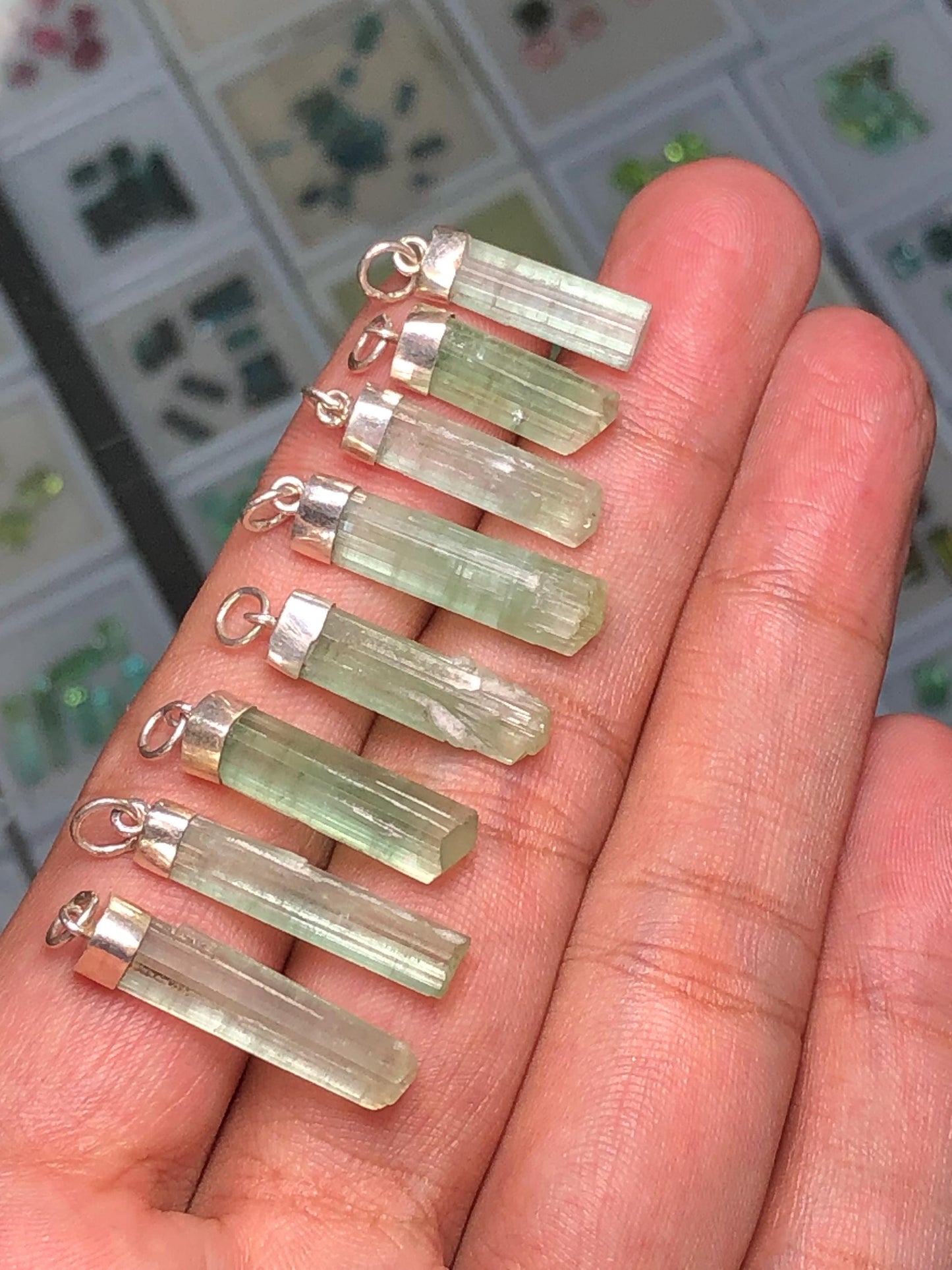 54 CTs 8 pieces mint green 925 silver tourmaline pendants