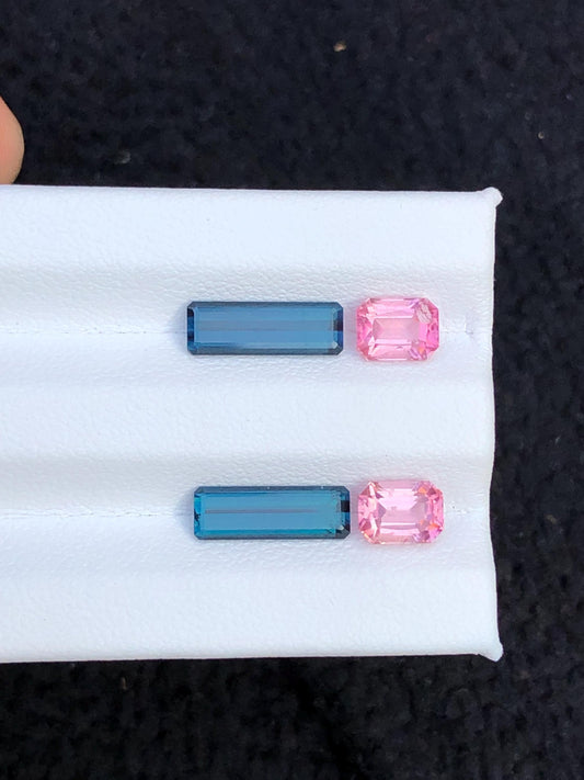 Indicolite Blue & Rhodolite Garnet Faceted Pair 4.30 ct - Gemstone Pair for Earrings