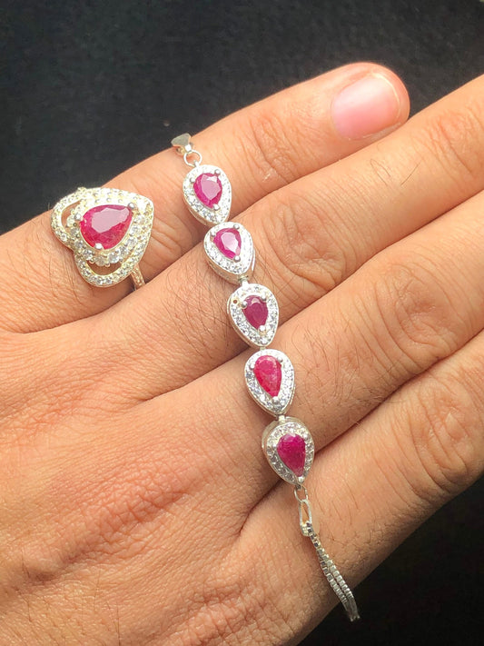 Ruby Ring and Bracelet Set 925 Silver - Jagdali Mine Origin