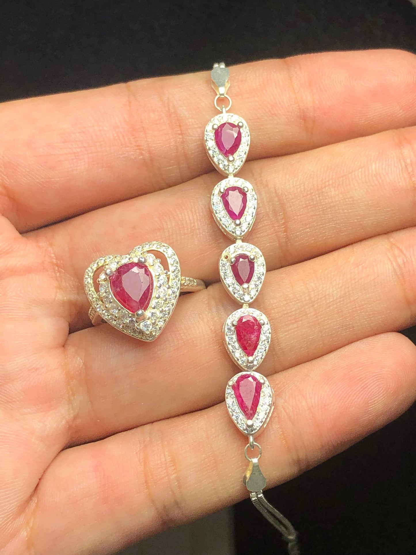 مجموعة خاتم وسوار من الياقوت، فضة 925، منجم جاغدالي.