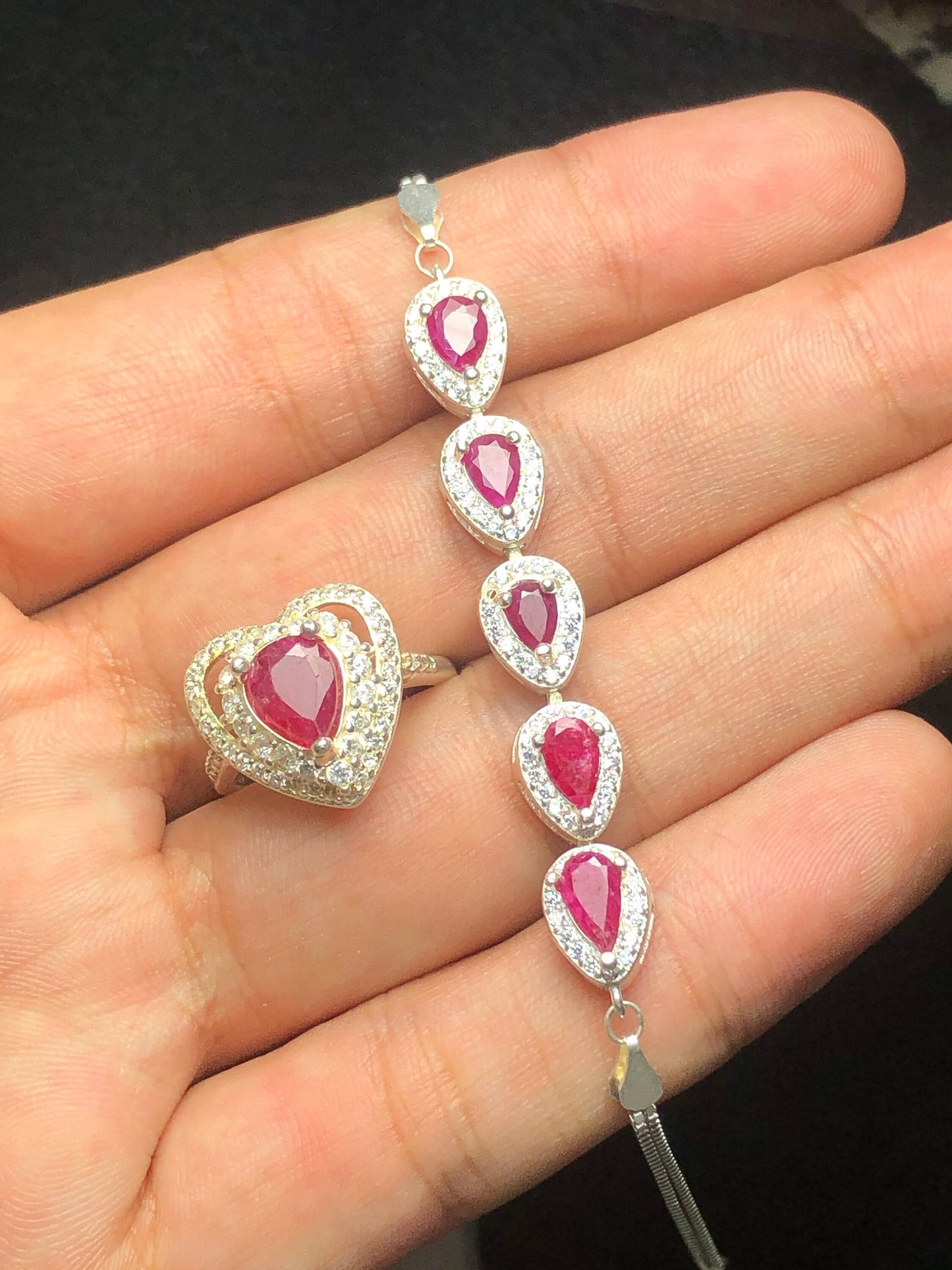 مجموعة خاتم وسوار من الياقوت، فضة 925، منجم جاغدالي.