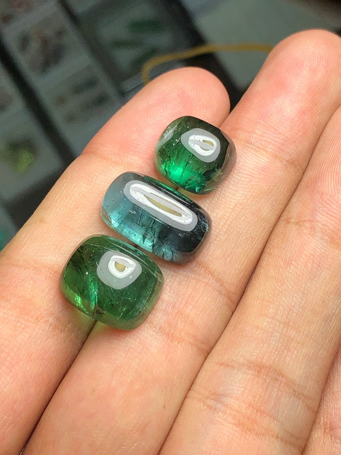 Natural green and blue tourmaline cabochons