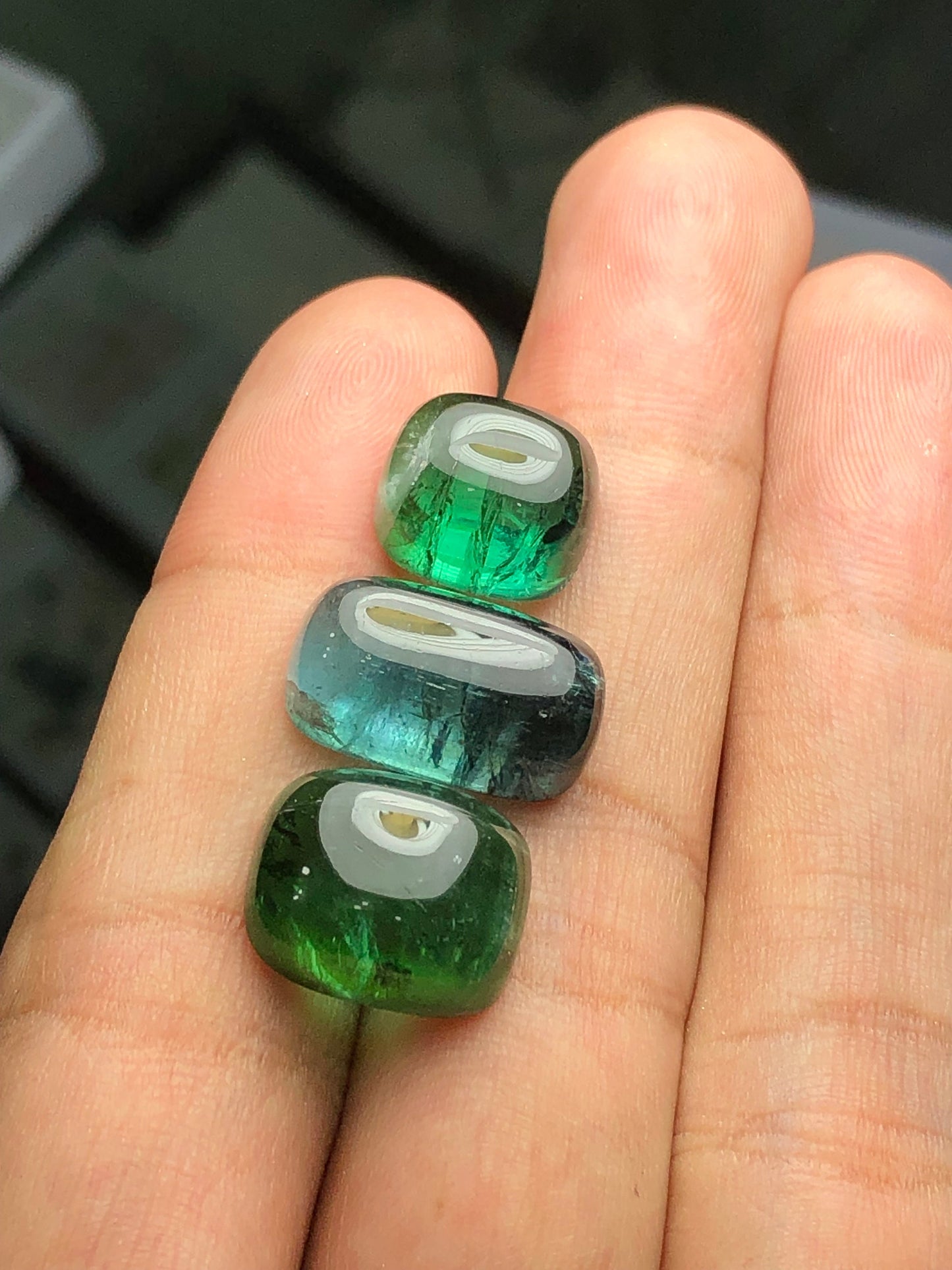 Natural green and blue tourmaline cabochons