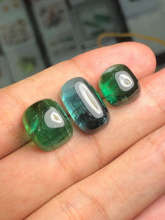 Natural green and blue tourmaline cabochons