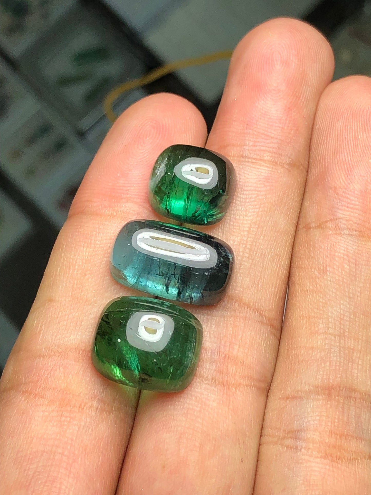 Natural green and blue tourmaline cabochons