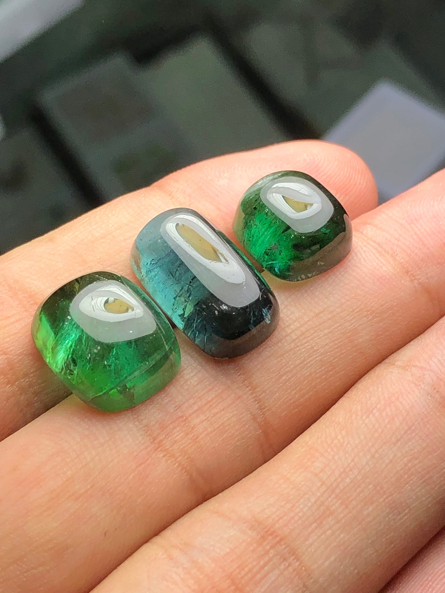 Natural green and blue tourmaline cabochons