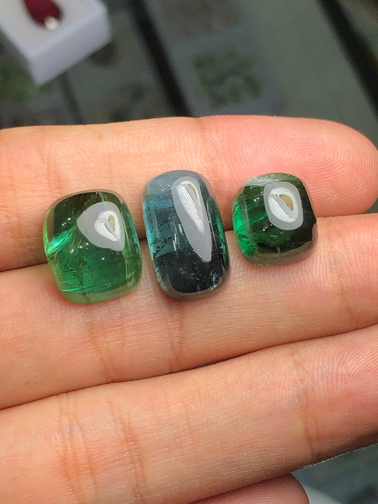 Natural green and blue tourmaline cabochons