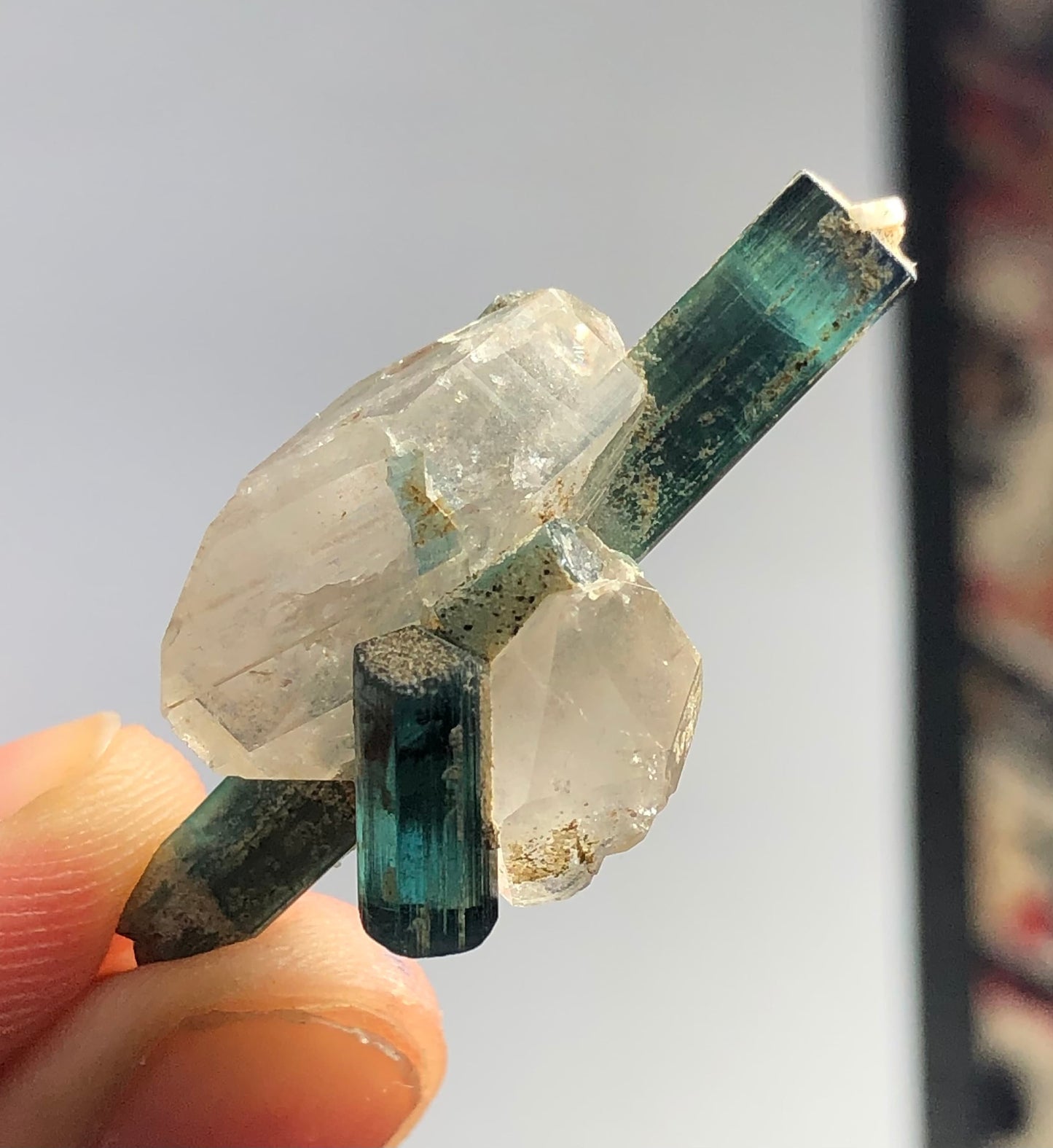 Natural blue tourmaline crystal combined whith quartz