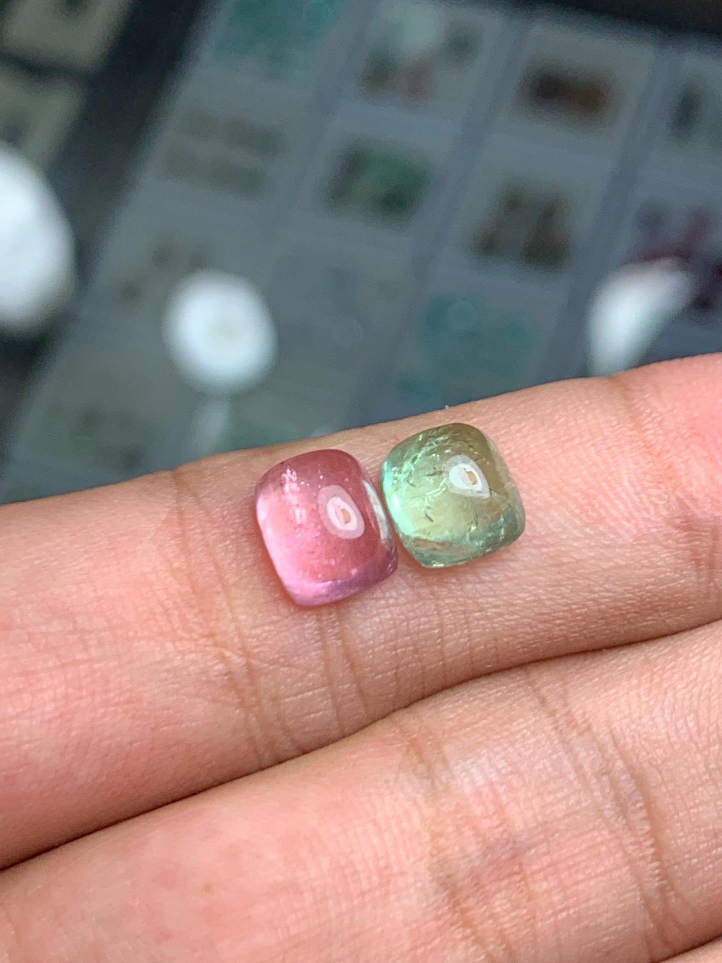 5.60 ct green and pink tourmaline cabochons size:9mm & 8mm