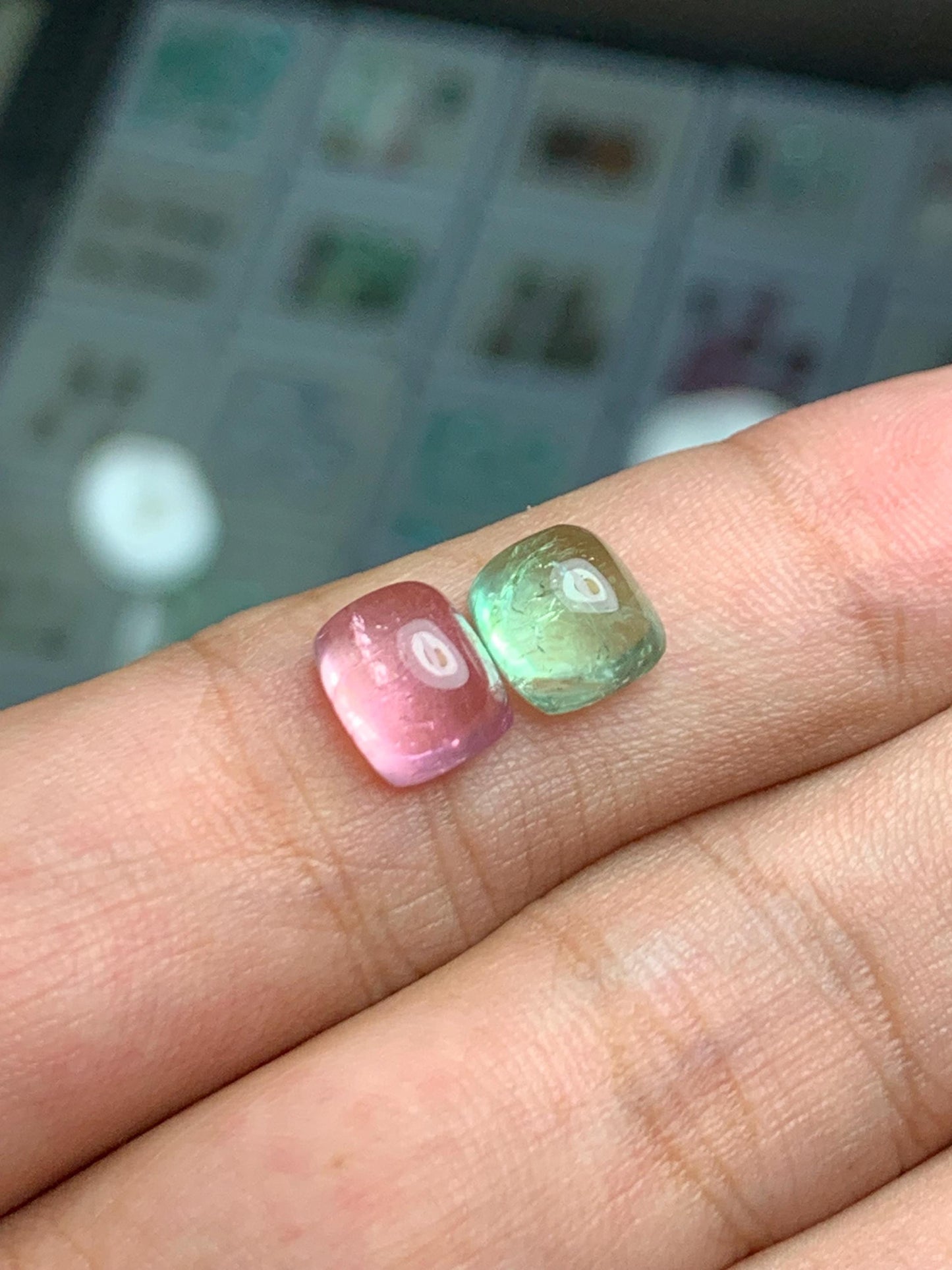 5.60 ct green and pink tourmaline cabochons size:9mm & 8mm