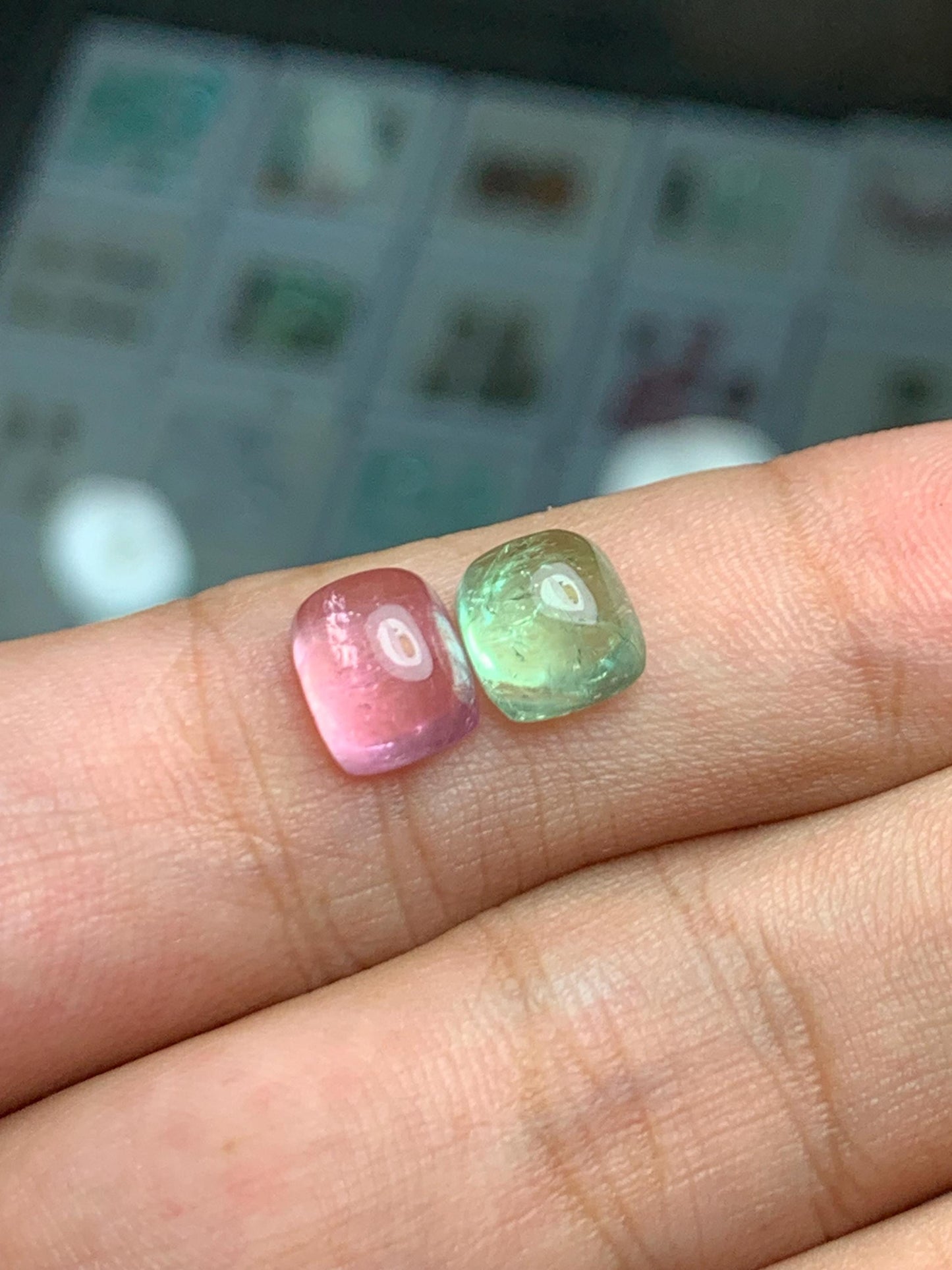 5.60 ct green and pink tourmaline cabochons size:9mm & 8mm