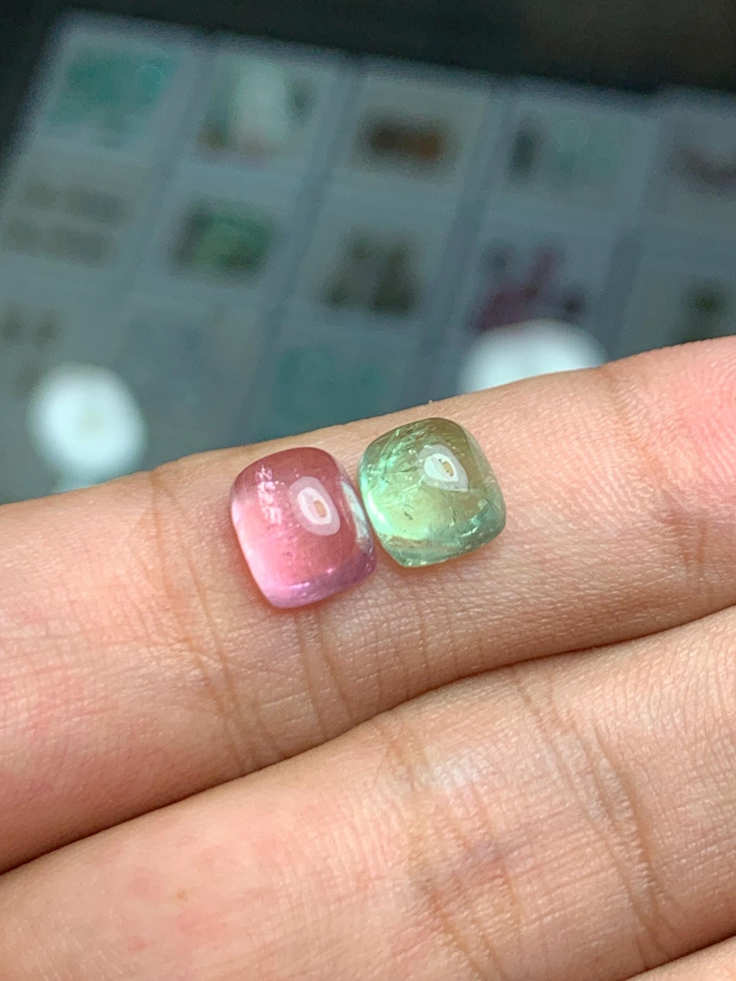 5.60 ct green and pink tourmaline cabochons size:9mm & 8mm