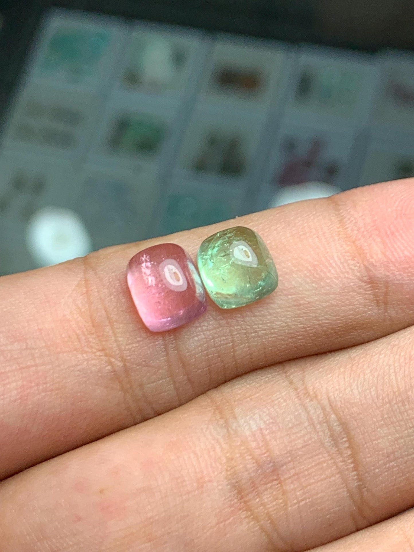 5.60 ct green and pink tourmaline cabochons size:9mm & 8mm