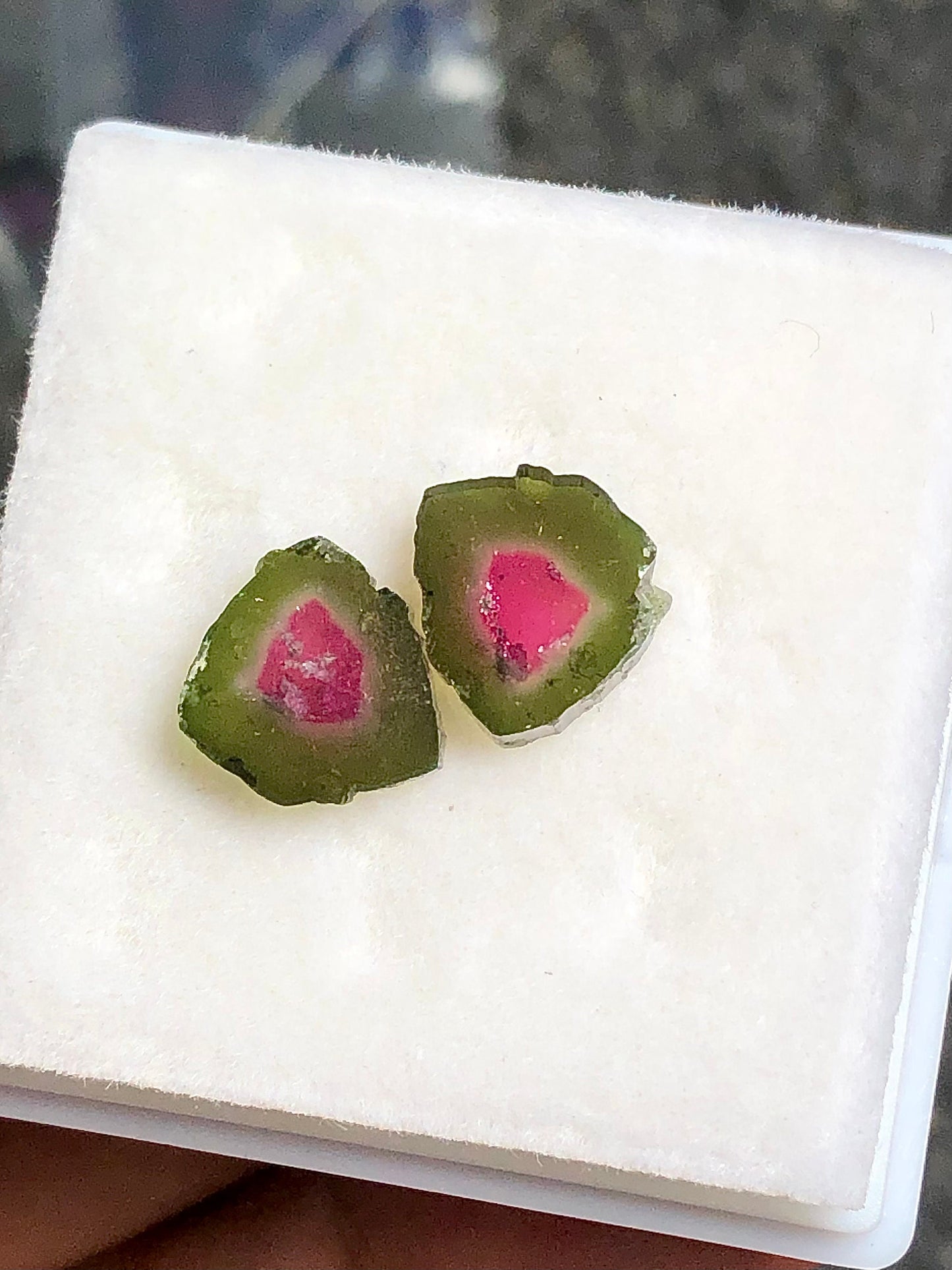 6.25 carat gorgeous watermelon tourmaline slice pair available