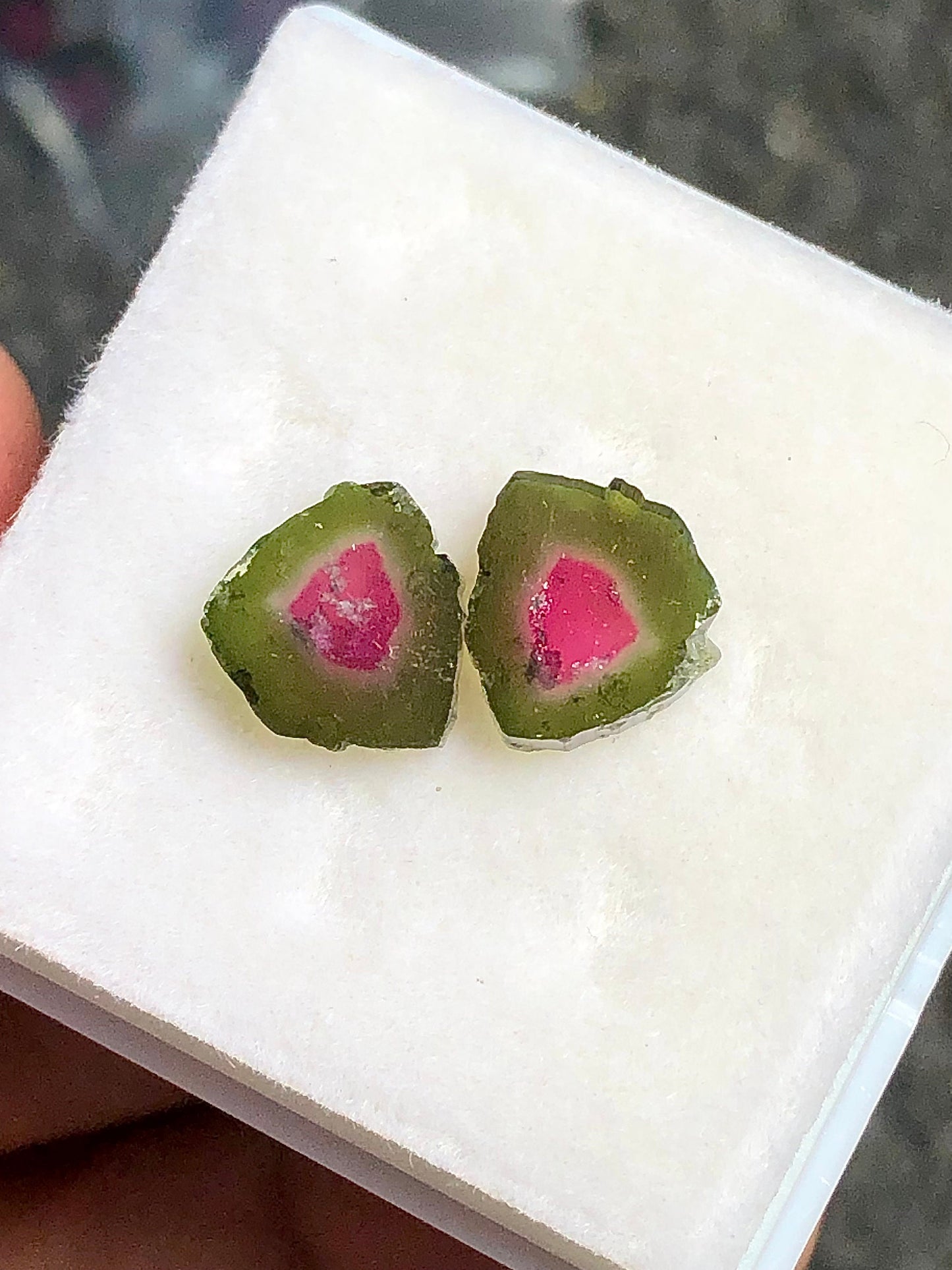 6.25 carat gorgeous watermelon tourmaline slice pair available