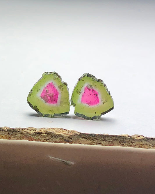 6.25 carat gorgeous watermelon tourmaline slice pair available